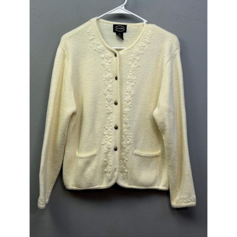 Designers Studio Originals Cardigan Women PM Cream Floral Embroidered‎ Pocket